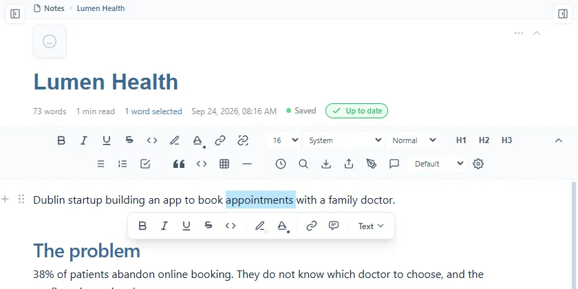 Le mot « appointments » sélectionné, et la bulle en dessous : gras, italique, souligné, barré, code, surlignage, couleur du texte, lien, commentaire, et la liste Text pour changer le type du bloc