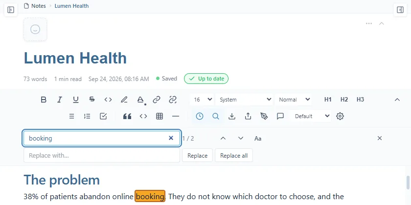 La barre de recherche : « booking » dans le champ Find in note, le compteur 1 / 2, les flèches et Aa, le champ Replace with… en dessous avec les boutons Replace et Replace all, et le mot surligné dans le texte