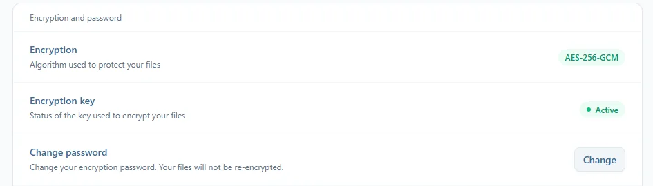 Settings, Security: the Encryption row with the AES-256-GCM badge, the Encryption key row with the green Active badge, and Change password