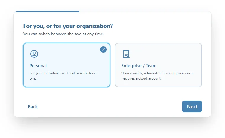 The For you, or for your organization? screen with the Personal card selected and the Enterprise / Team card next to it