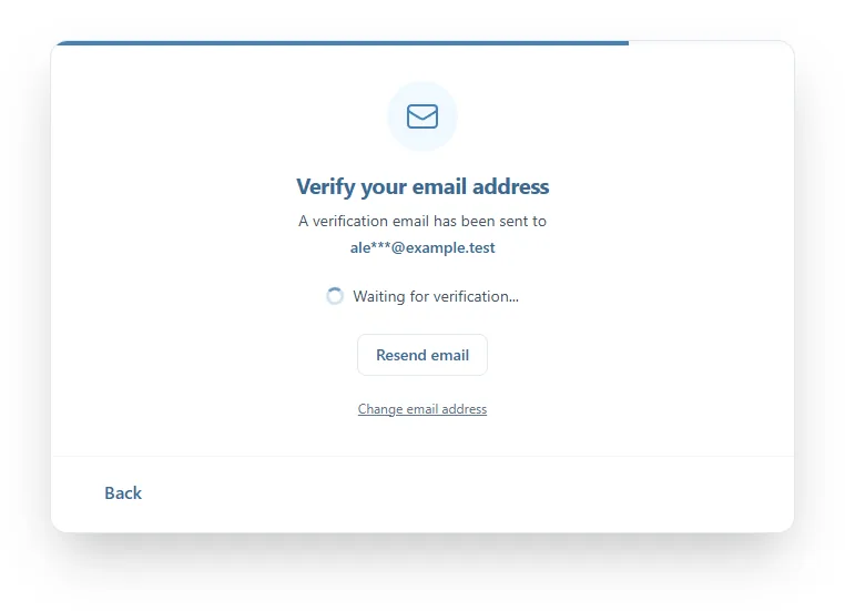 The Verify your email address screen: the masked address the email was sent to, Waiting for verification..., and the Resend email button