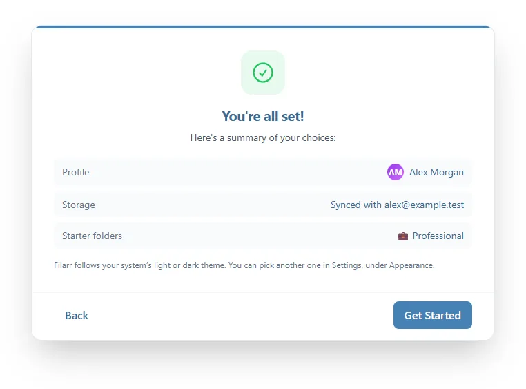 The You're all set! screen with the summary: profile Alex Morgan, storage synced with the account's address, Professional starter folders, and the Get Started button