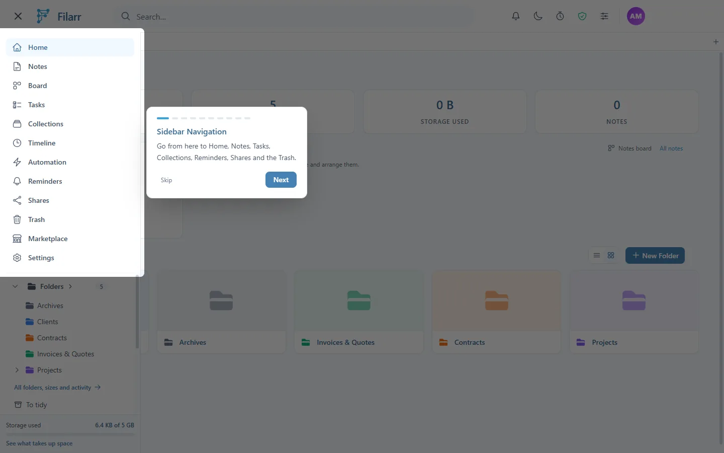 The first step of the tour, Sidebar Navigation: the sidebar is open and a bubble explains where it leads, with the Skip and Next buttons