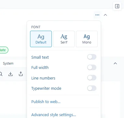 Le menu Page options : les choix de police Default, Serif et Mono, des interrupteurs comme Small text et Full width, puis Publish to web… et Advanced style settings…