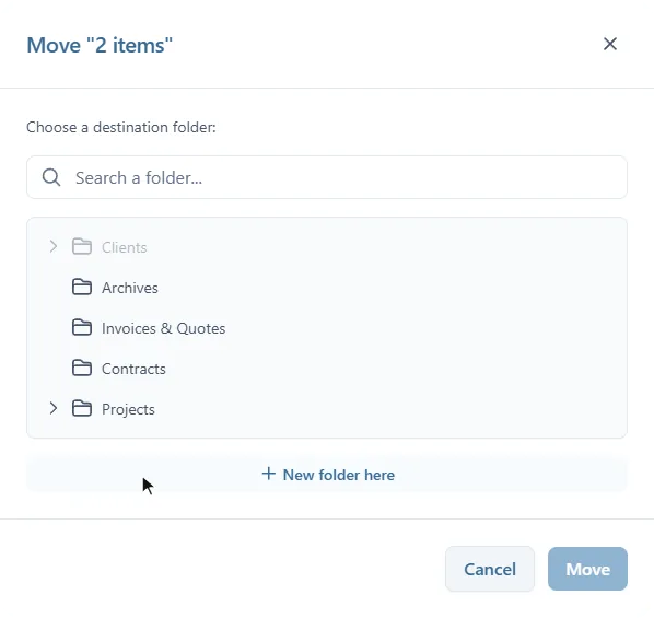 La fenêtre Move « 2 items » : Choose a destination folder, un champ de recherche, l'arborescence des dossiers et New folder here