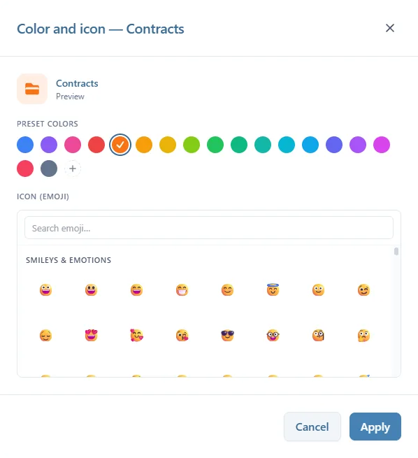 La fenêtre Color and icon du dossier Contracts : aperçu, couleurs prédéfinies avec l'orange choisi, et la liste des emojis