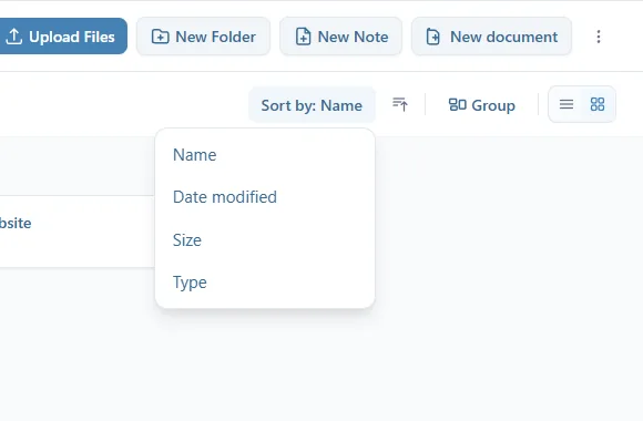 Le menu Sort by ouvert : Name, Date modified, Size, Type