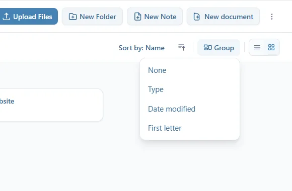 Le menu Group ouvert : None, Type, Date modified, First letter