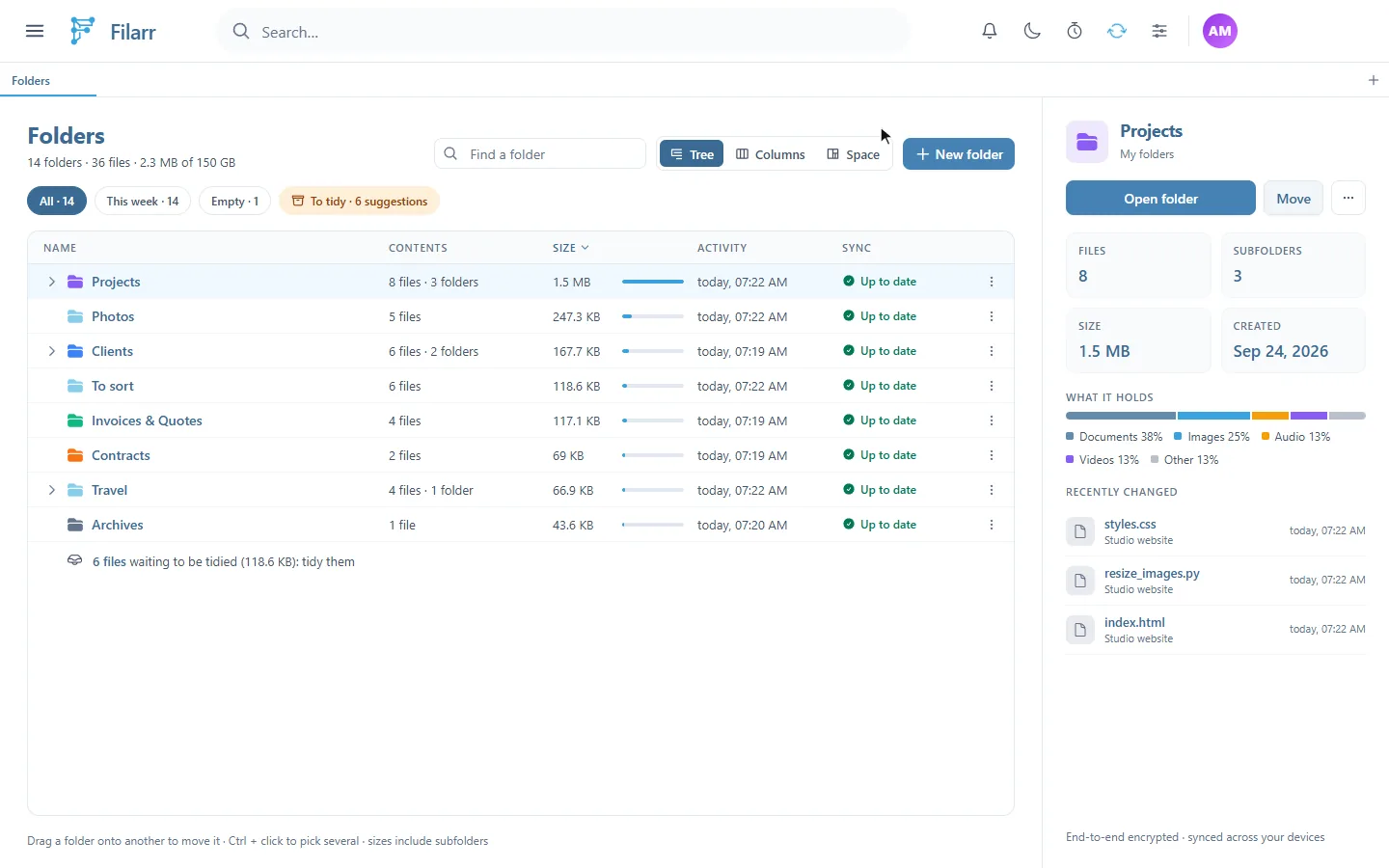 La page Dossiers après l'import des fichiers d'exemple : Projects, Photos, Clients, To sort, Invoices & Quotes, Contracts, Travel et Archives avec leur contenu, leur taille et leur état de synchronisation, et une ligne signalant 6 fichiers à ranger
