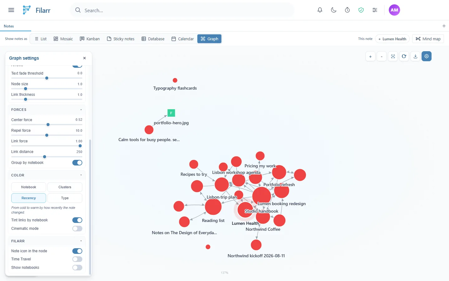 Le graphe coloré par Recency : toutes les notes en rouge chaud, car elles ont toutes changé récemment, et la section Color avec Recency sélectionné