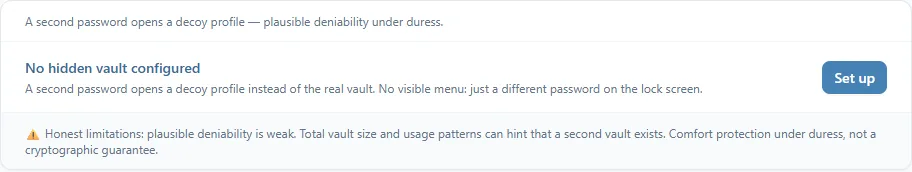 La page Coffre caché avant la configuration : No hidden vault configured, le bouton Set up et l'avertissement Honest limitations
