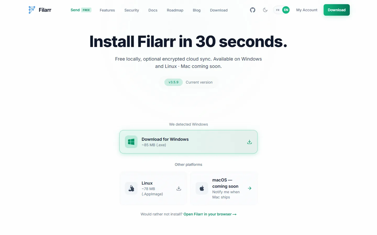 La page de téléchargement de filarr.com vue depuis Windows : We detected Windows, le bouton Download for Windows, et sous Other platforms, Linux (.AppImage) et macOS coming soon