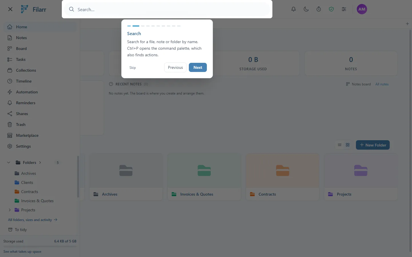 The Search step of the tour: the search box is highlighted and a bubble explains that Ctrl+P opens the command palette, with the Skip, Previous and Next buttons