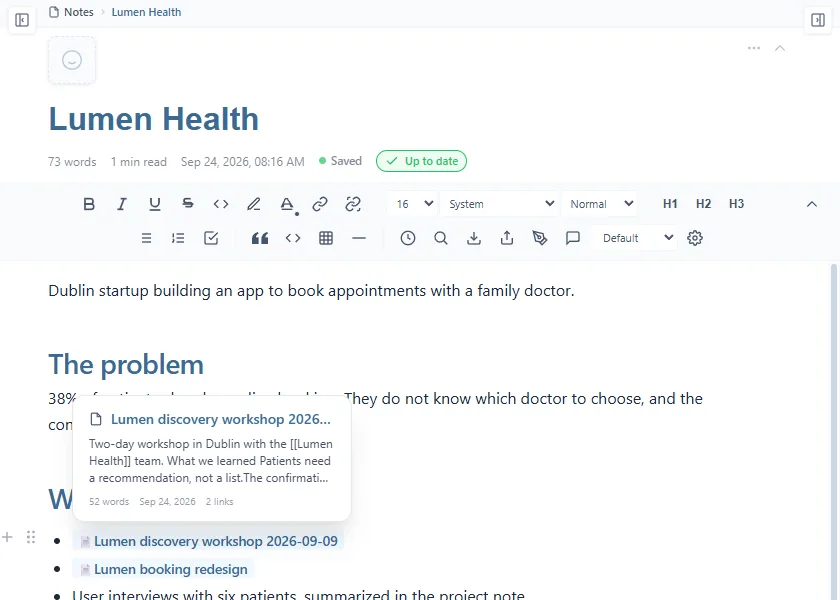 La carte affichée au survol du lien « Lumen discovery workshop 2026-09-09 » : le titre, un extrait de la note, 52 words, Sep 24, 2026 et 2 links