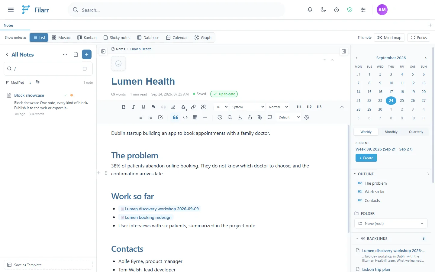 La note Lumen Health, et à droite la section BACKLINKS avec 5 notes et un extrait de chacune, où apparaît le lien vers Lumen Health