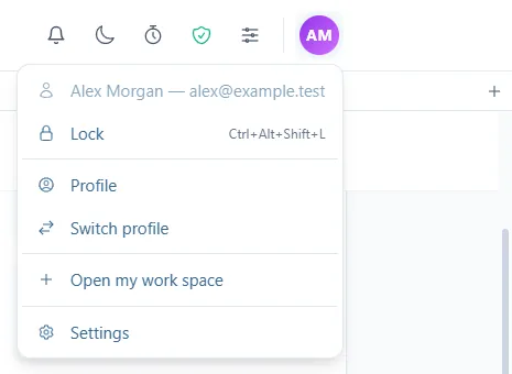 Le menu ouvert depuis l'avatar : Lock vient en premier, avec son raccourci Ctrl+Alt+Shift+L, puis Profile, Switch profile, Open my work space et Settings