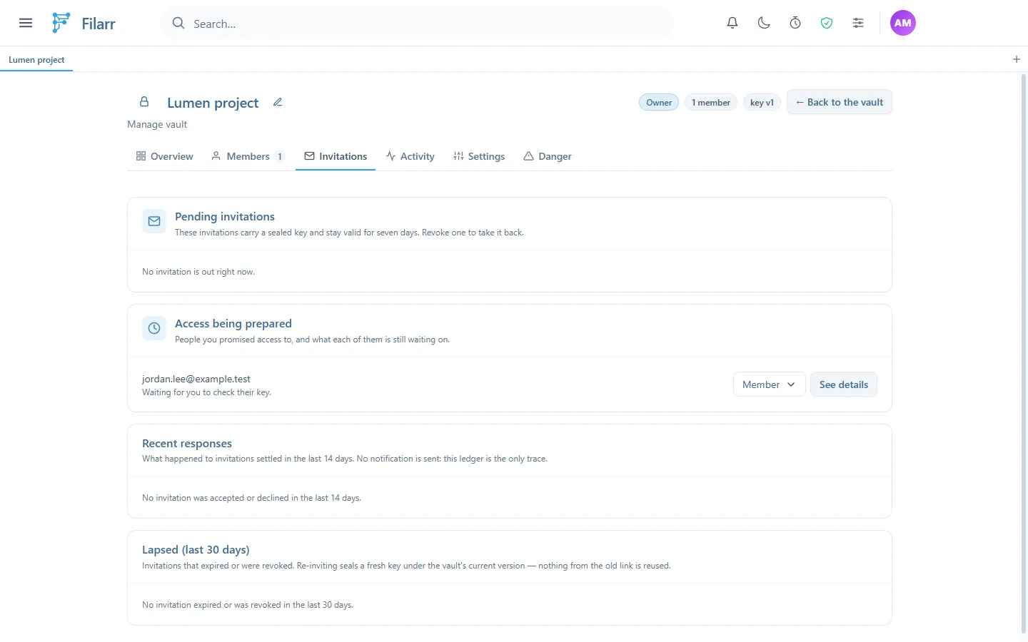 The Invitations tab: Pending invitations with No invitation is out right now, Access being prepared with jordan.lee@example.test, Waiting for you to check their key, the Member role and See details, then Recent responses and Lapsed (last 30 days), both empty