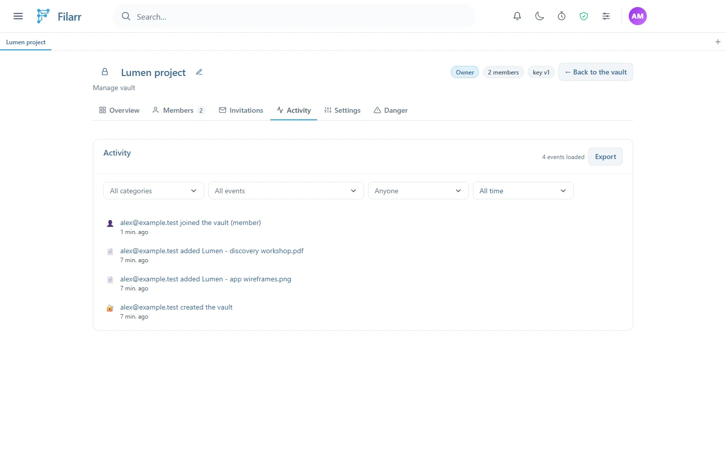 The Activity tab: the All categories, All events, Anyone and All time filters, the Export button, and four events: a member joined the vault, two files added, and the vault created