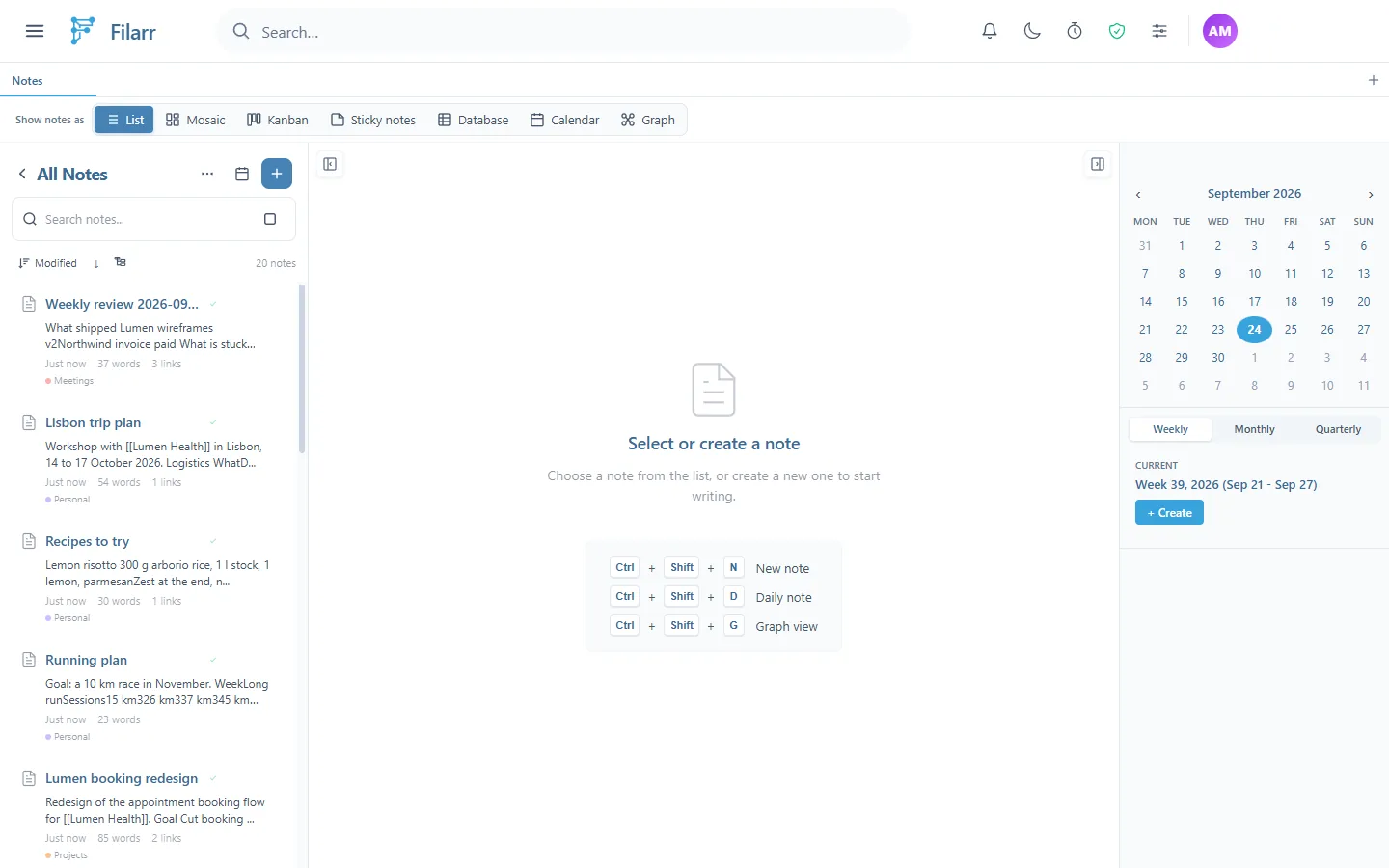 The Notes page: the list of 20 notes on the left with their title, an excerpt, the word count and the notebook, "Select or create a note" in the middle, and the calendar with the Weekly, Monthly and Quarterly tabs on the right