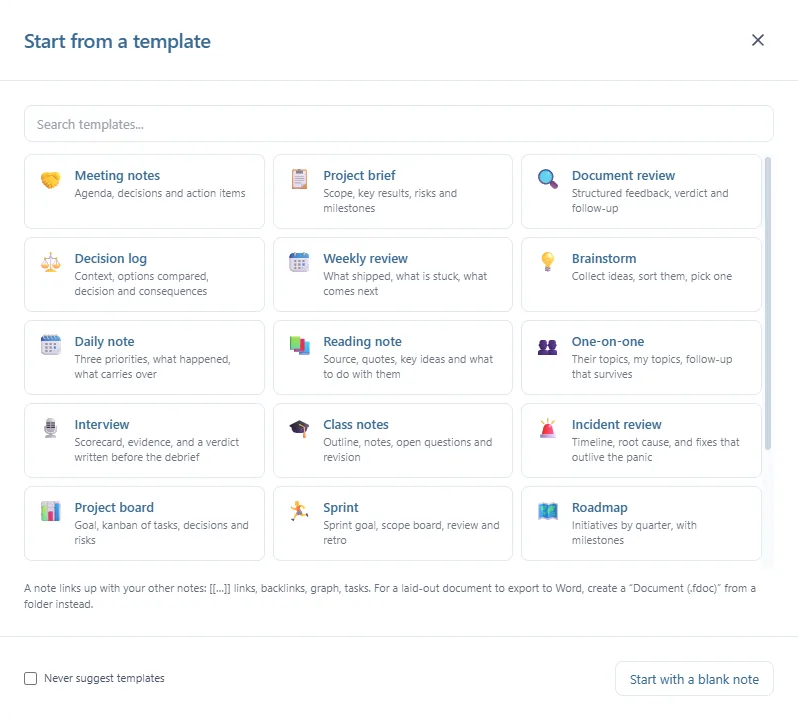 The Start from a template window: a search box, a grid of templates (Meeting notes, Project brief, Weekly review, Daily note…), the Never suggest templates box and the Start with a blank note button