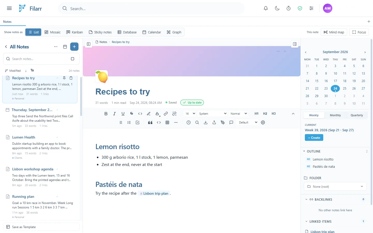 The note "Recipes to try" with a lemon icon and a pink and purple gradient cover above its title