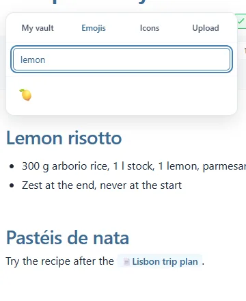 The icon picker with the My vault, Emojis, Icons and Upload tabs, the word "lemon" in the search box and a lemon emoji as the result