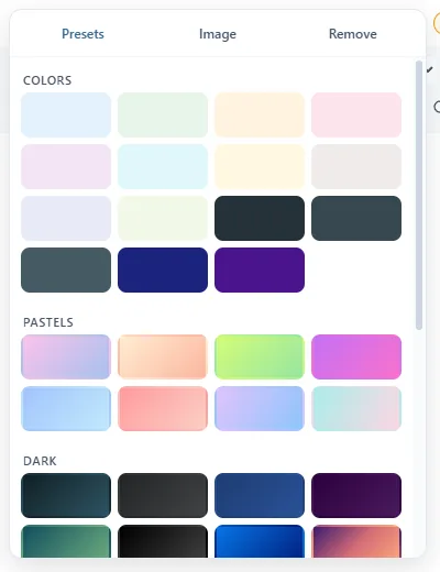 The cover picker with the Presets, Image and Remove tabs, and the Colors, Pastels and Dark groups