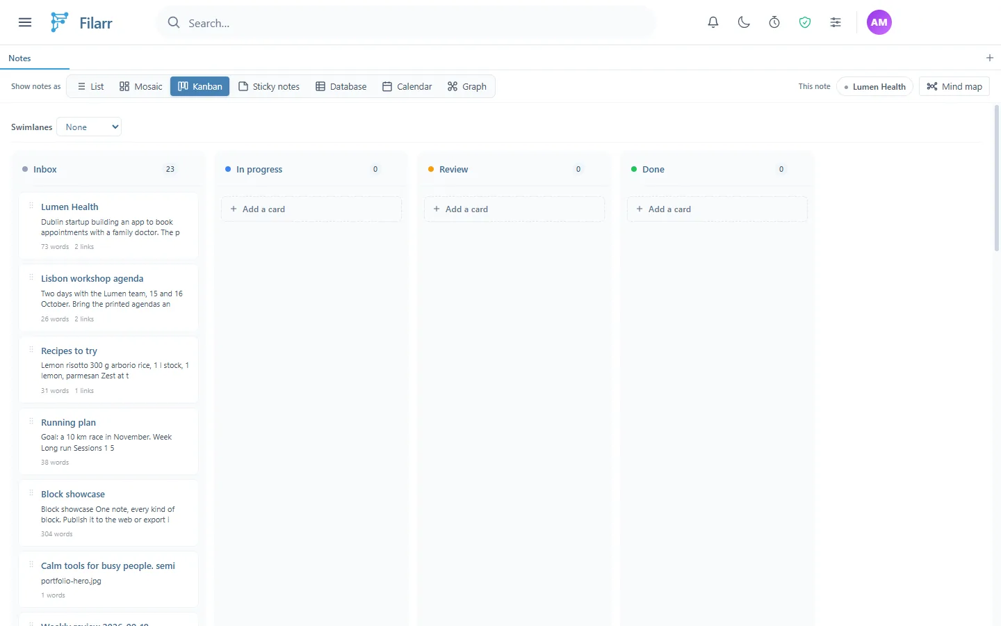 La vue Kanban : la colonne Inbox avec 23 cartes de notes, et les colonnes In progress, Review et Done vides, chacune avec Add a card ; Swimlanes : None en haut