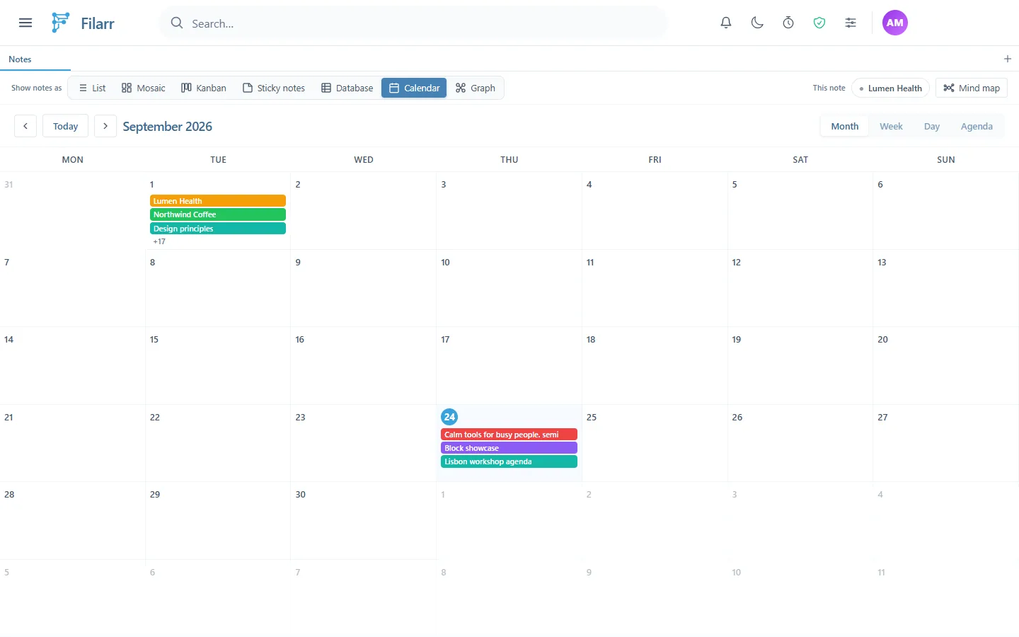 La vue Calendar de septembre 2026 : des notes le 1er (Lumen Health, Northwind Coffee, Design principles, +17) et le 24, avec Today, les flèches, et les boutons Month, Week, Day et Agenda