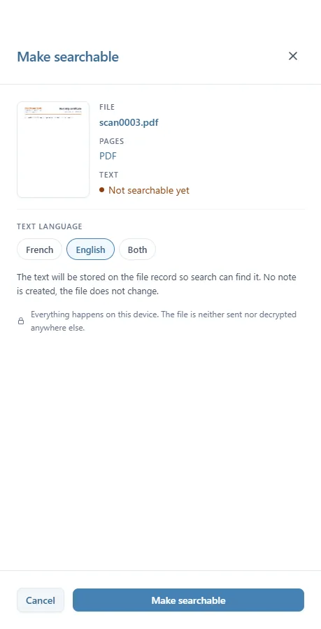 The Make searchable window for scan0003.pdf: the text is Not searchable yet, the language English is chosen, and the Make searchable button at the bottom