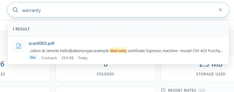 A search for "warranty" finds scan0003.pdf, in the Contracts folder, with an excerpt of its text: Warranty certificate Espresso machine