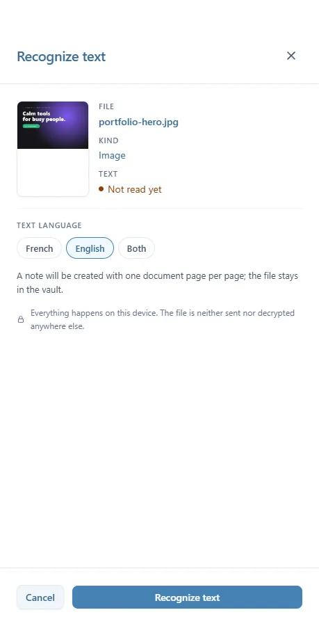 The Recognize text window for portfolio-hero.jpg: the text is Not read yet, the language English is chosen, and the note that will be created is described