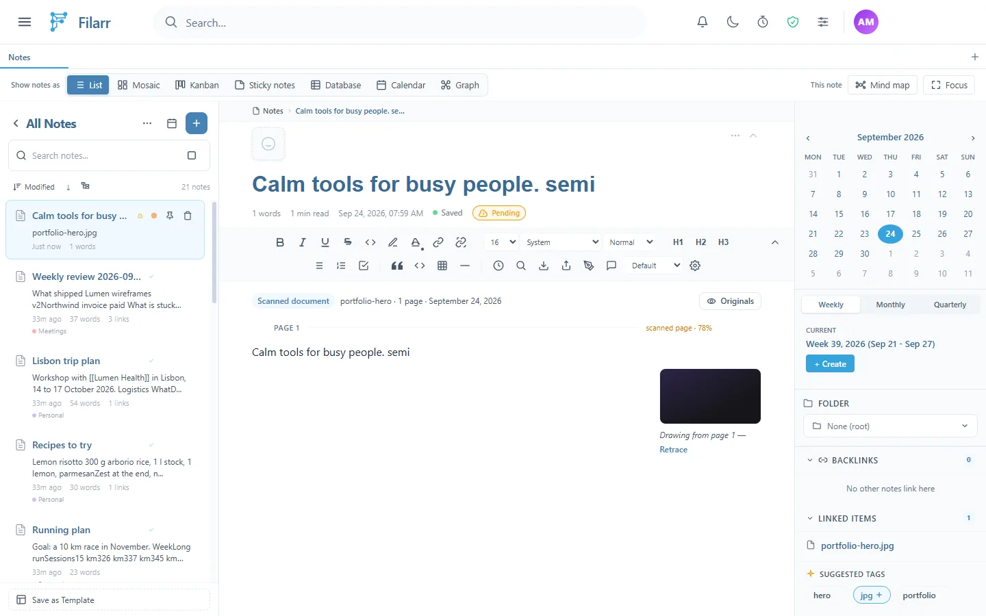 The note created from portfolio-hero.jpg: a Scanned document of 1 page, the recognized line of text, the mention scanned page 78%, the Originals button and the image of the page on the right