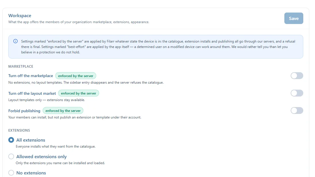 L'onglet Workspace : les interrupteurs de la place de marché Turn off the marketplace, Turn off the layout market et Forbid publishing, chacun appliqué par le serveur, puis les choix d'extensions All extensions, Allowed extensions only et No extensions