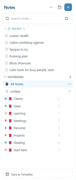 L'écran Parcourir : RECENT avec six notes, puis NOTEBOOKS avec All Notes (24), Unfiled (23) et les carnets Clients, Ideas, Learning, Meetings, Personal, Projects, Reading et Start here, chacun avec sa couleur et son nombre de notes