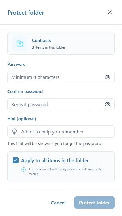 La fenêtre Protect folder pour Contracts, 3 items in this folder : les champs Password, Confirm password et Hint (optional), et la case Apply to all items in the folder cochée
