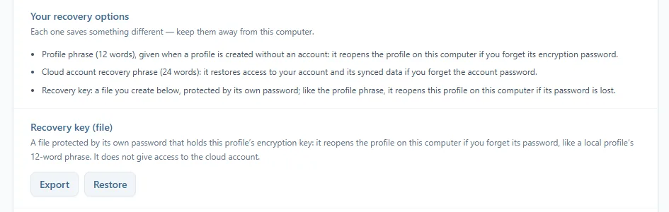 Paramètres, Sécurité : la liste Your recovery options, puis la ligne Recovery key (file) avec ses boutons Export et Restore