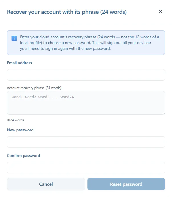 La fenêtre Recover your account with its phrase (24 words) : Email address, le champ de la phrase avec son compteur de mots, New password, Confirm password et Reset password