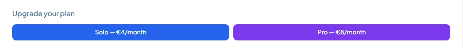 Settings, Account & Sync on a Free account: Upgrade your plan, with the Solo (€4/month) and Pro (€8/month) buttons
