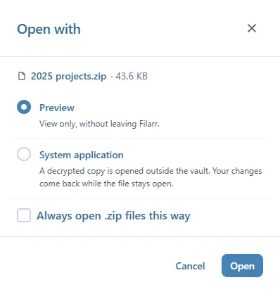 La fenêtre Open with pour 2025 projects.zip : Preview, System application, et la case Always open .zip files this way
