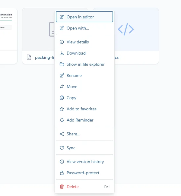 Le menu du clic droit sur un fichier texte : Open in editor, Open with…, View details, Download, Show in file explorer, Rename, Move, Copy, Add to favorites, Add Reminder, Share…, Sync, View version history, Password-protect et Delete