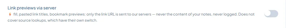 Web app, Settings, Security: the Link previews via server row, switched off