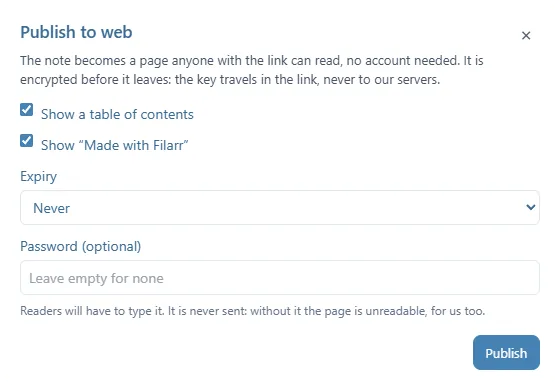La fenêtre Publish to web : l'explication que la note devient une page lisible par quiconque a le lien, Show a table of contents et Show "Made with Filarr" cochées, Expiry réglé sur Never, un champ Password (optional) vide, et le bouton Publish