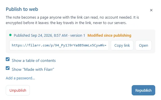 La fenêtre Publish to web après la publication : Published Sep 24, 2026 · version 1, l'adresse https://filarr.com/p/… avec sa clé après le #, les boutons Copy link et Open, les deux options, Add a password…, et les boutons Unpublish et Republish
