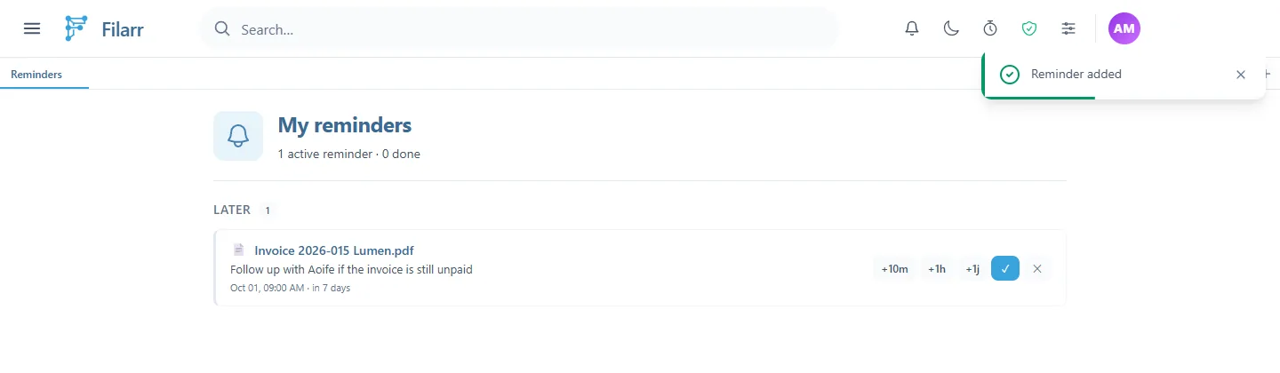 The My reminders page: 1 active reminder, in the Later section, about Invoice 2026-015 Lumen.pdf, due Oct 01 at 09:00 AM in 7 days, with the snooze, done and delete buttons