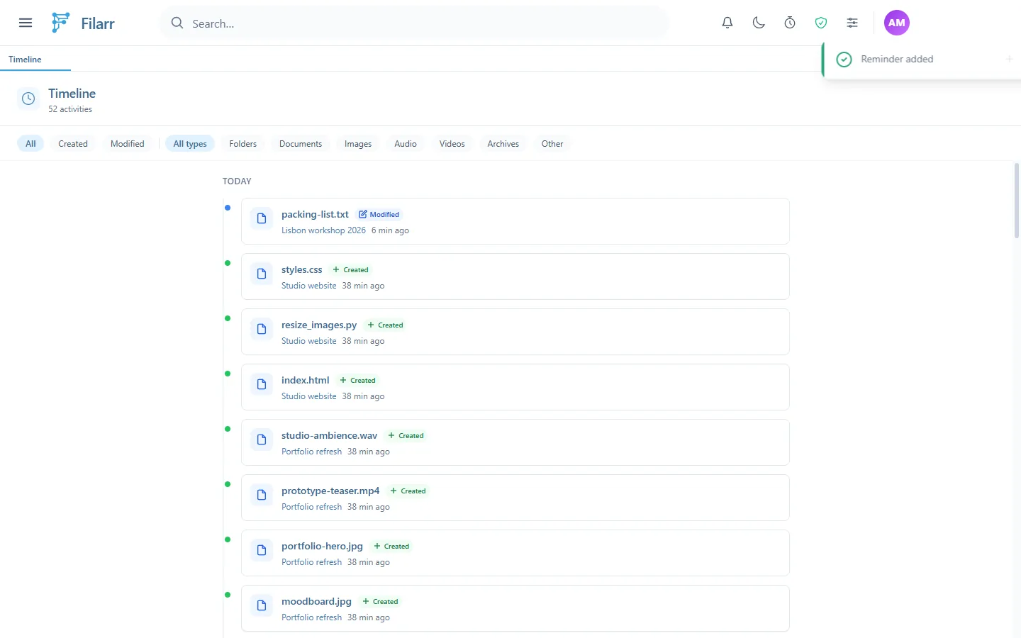 The Timeline page: 52 activities, the filters All, Created, Modified and the type filters, then today's entries such as packing-list.txt Modified and styles.css Created, each with its folder and its time