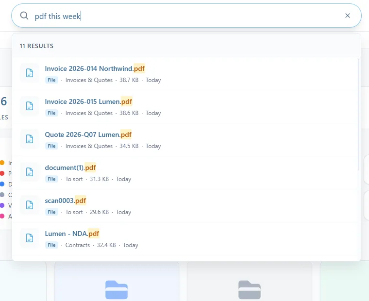 La zone de recherche avec « pdf this week » saisi : seuls les PDF ajoutés cette semaine sont listés