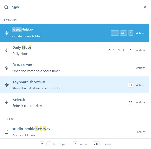 The command palette after typing "new": the New folder, Daily Note, Focus timer, Keyboard shortcuts and Refresh actions with their shortcuts, and a recent file below