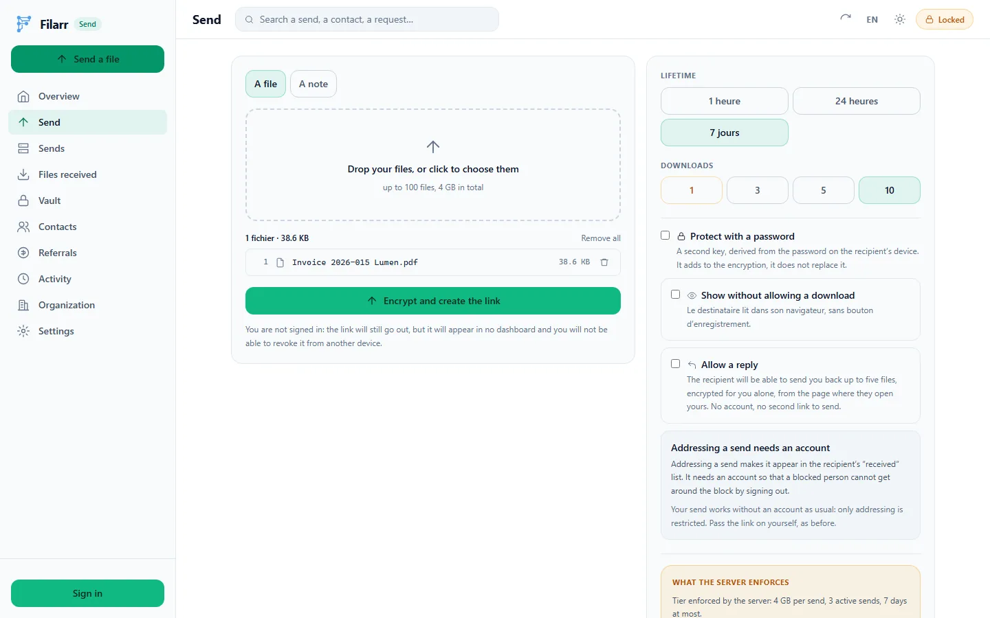The Send page of send.filarr.com, without an account: one file chosen, the Encrypt and create the link button, and on the right the Lifetime and Downloads choices, Protect with a password, Show without allowing a download, Allow a reply, and what the server enforces for your plan