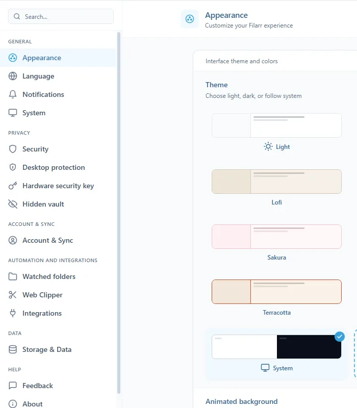 La page Paramètres : le champ de recherche, puis les groupes General, Privacy, Account & Sync, Automation and integrations, Data et Help, chacun avec ses pages